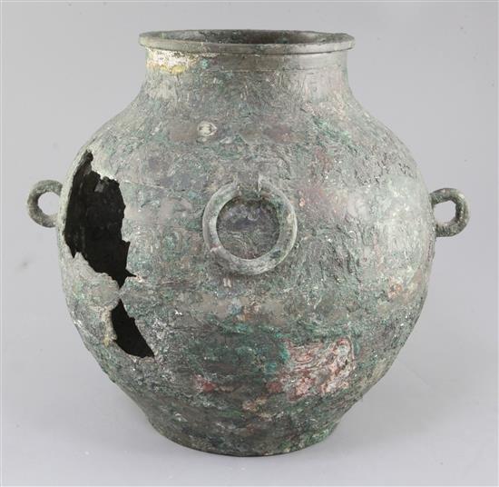 A Chinese archaic bronze wine vessel, Lei, Eastern Zhou dynasty/ Spring & Autumn period, 8th- 5th century B.C., 29cm, holes